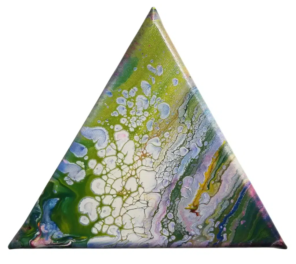 Acrylique fluide sur châssis coton, "Éclats n°2", œuvre de Marianne Borgna-Fransioli, triangle équilatéral de 20x20x20cm, 2022