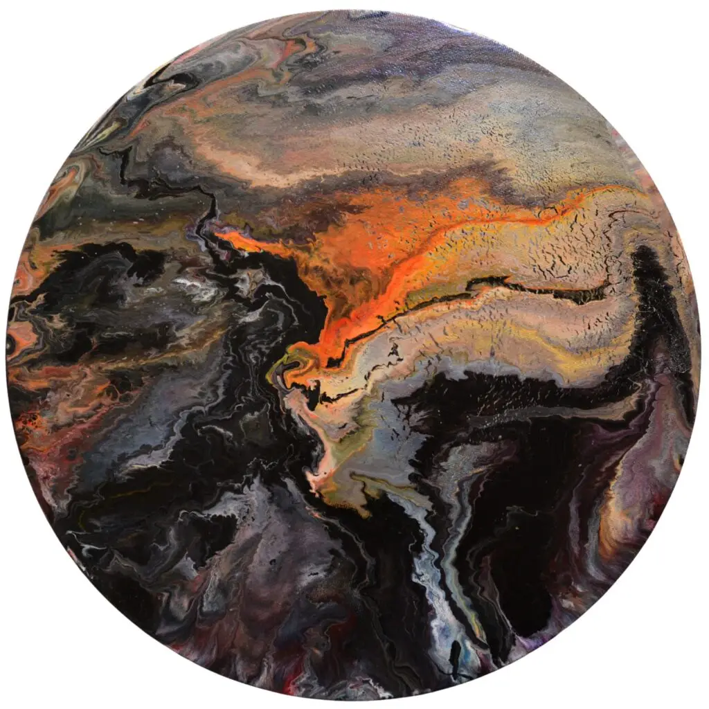 Œuvre d'art abstraite de Marianne Borgna-Fransioli, "Chemins de vie, Le Cheylard 2, acrylique fluide sur châssis coton, diamètre 30 cm