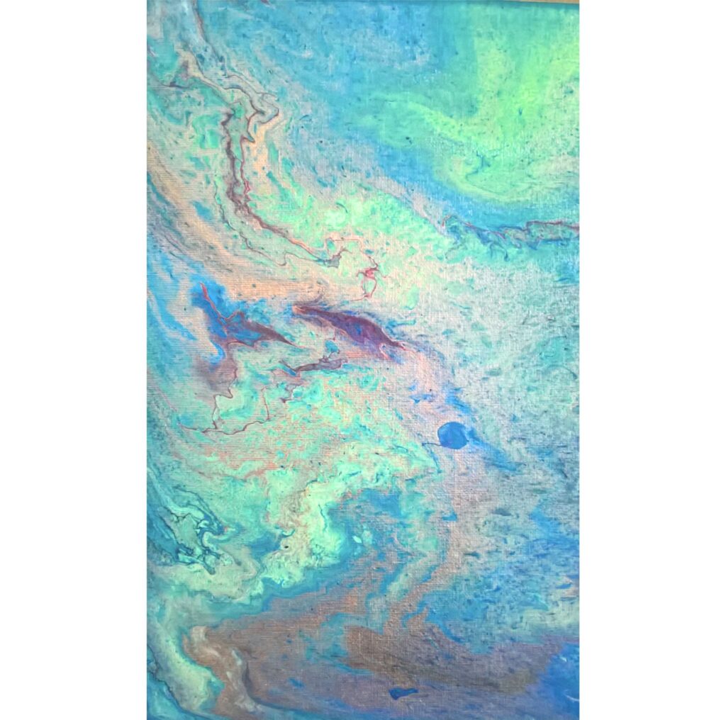 Œuvre d'art abstraite de Marianne Borgna-Fransioli, "Acrylique de printemps 2", acrylique fluide sur châssis coton, triangle équilatéral, 20x20x20 cm