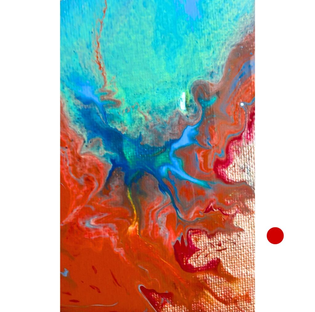 Œuvre d'art abstraite de Marianne Borgna-Fransioli, "Acrylique de printemps 3", acrylique fluide sur châssis coton, triangle équilatéral, 20x20x20 cm