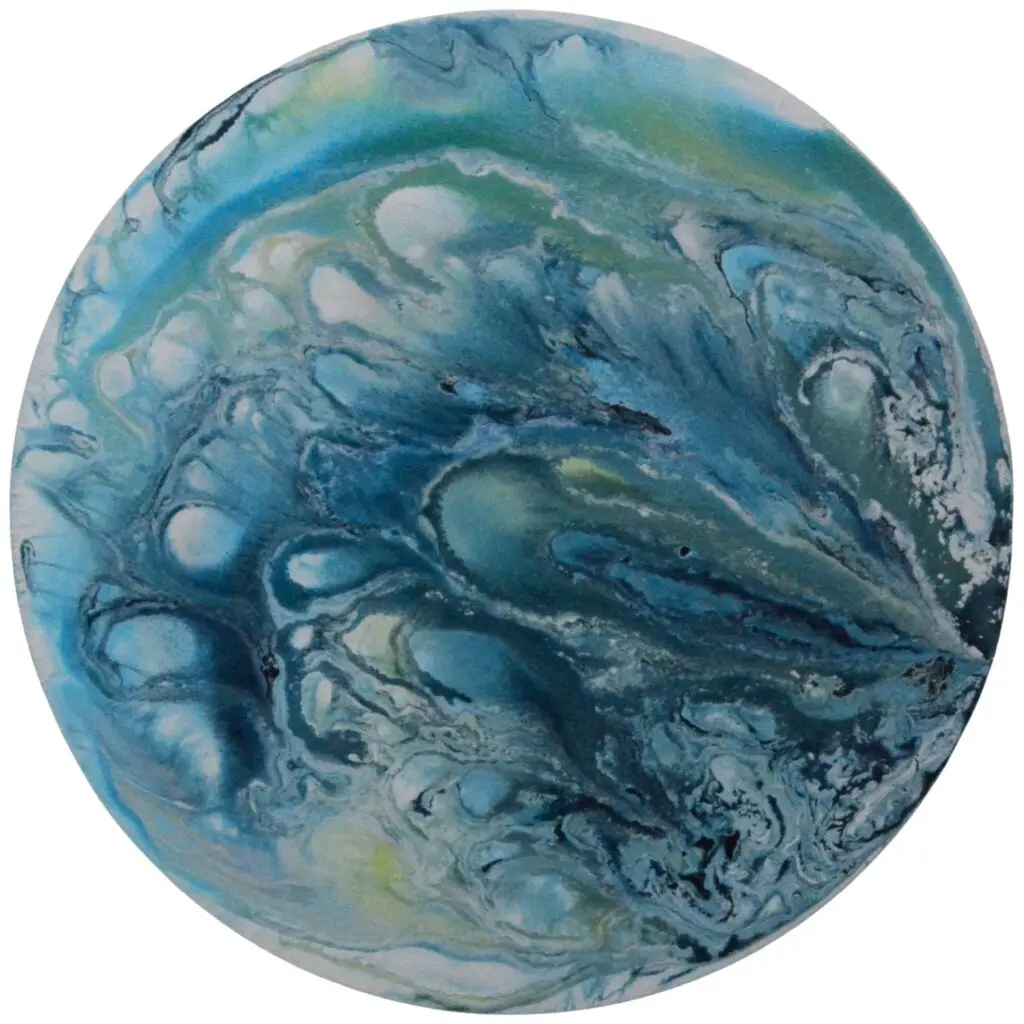Œuvre d'art abstraite de Marianne Borgna-Fransioli, "En terres inconnues 1", acrylique fluide sur châssis coton, diamètre 30 cm
