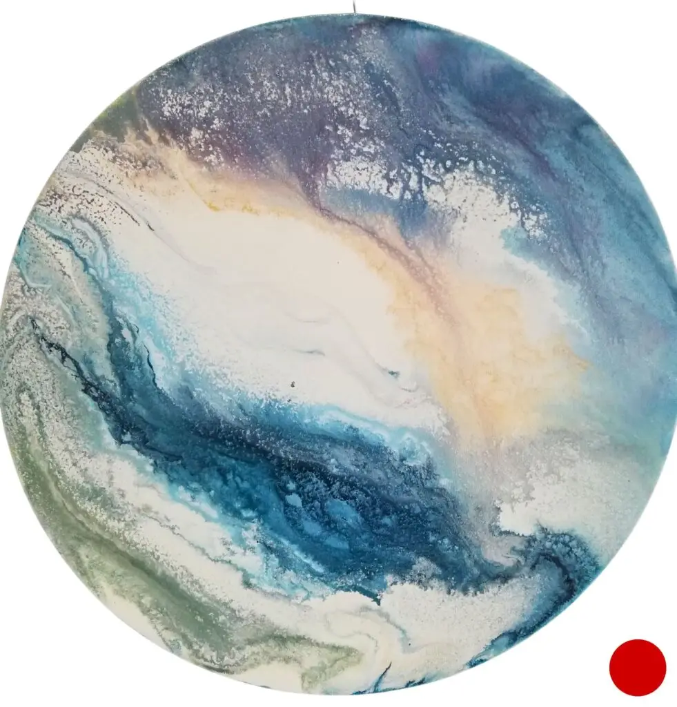 Œuvre d'art abstraite de Marianne Borgna-Fransioli, "En terres inconnues 3", acrylique fluide sur châssis coton, diamètre 30 cm