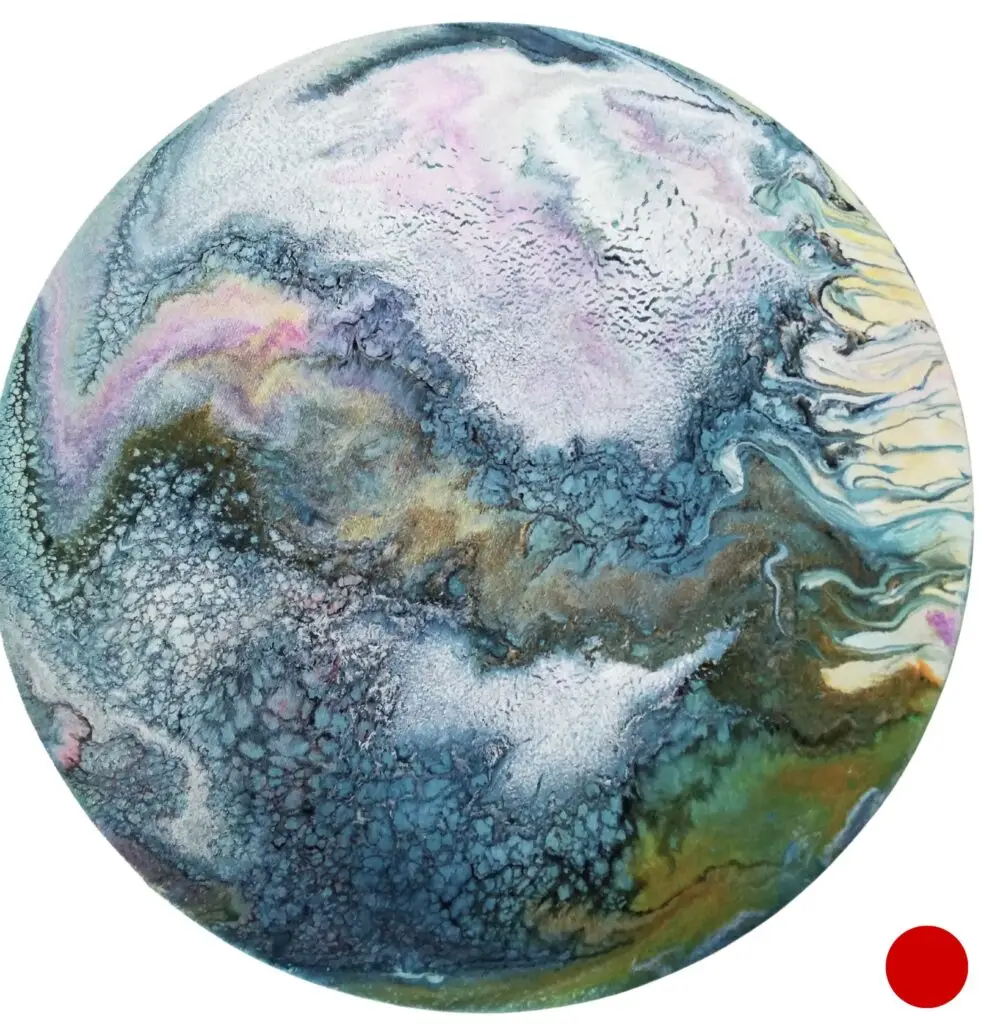 Œuvre d'art abstraite de Marianne Borgna-Fransioli, "En terres inconnues 5", acrylique fluide sur châssis coton, diamètre 30 cm