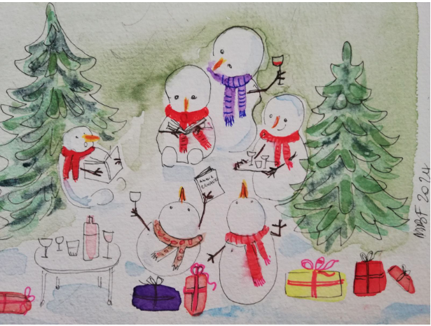 Aquarelle d'hiver avec des bonhommes de neige dans la neige, entourés de sapins