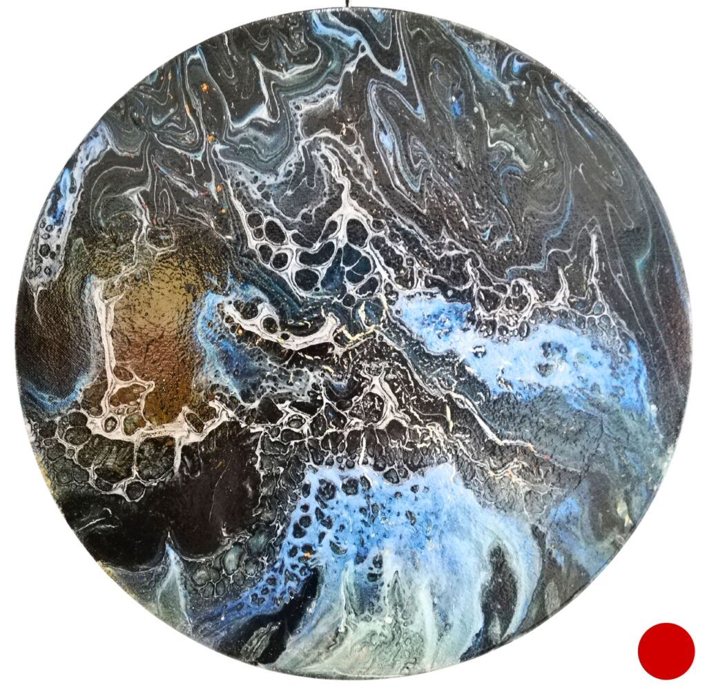 Œuvre d'art abstraite de Marianne Borgna-Fransioli, "En terres inconnues 4", acrylique fluide sur châssis coton, diamètre 30 cm