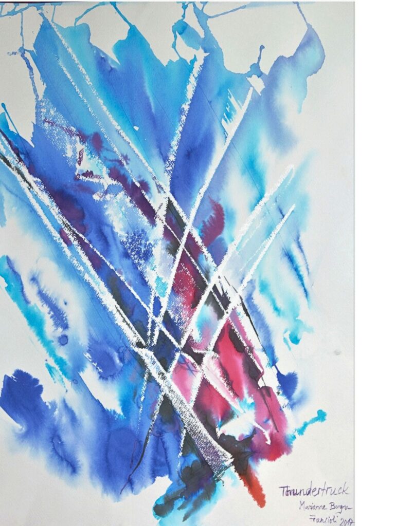 Peinture abstraite 'Thundertruck' de Marianne Borgna-Fransioli – Aquarelle Winsor & Newton sur papier Bréhat