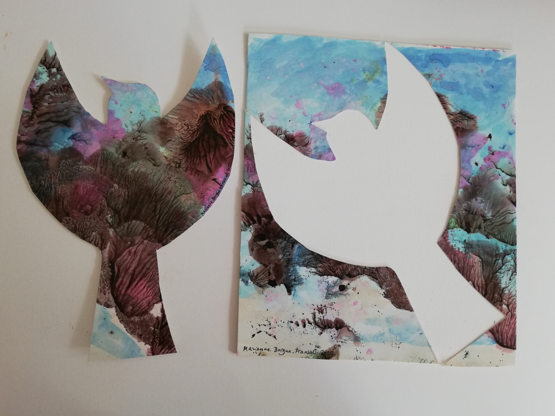Aquarelle "oiseau 1" de Marianne Borgna Fransioli, exposée au New Art Museum, à Karuizawa, Japon