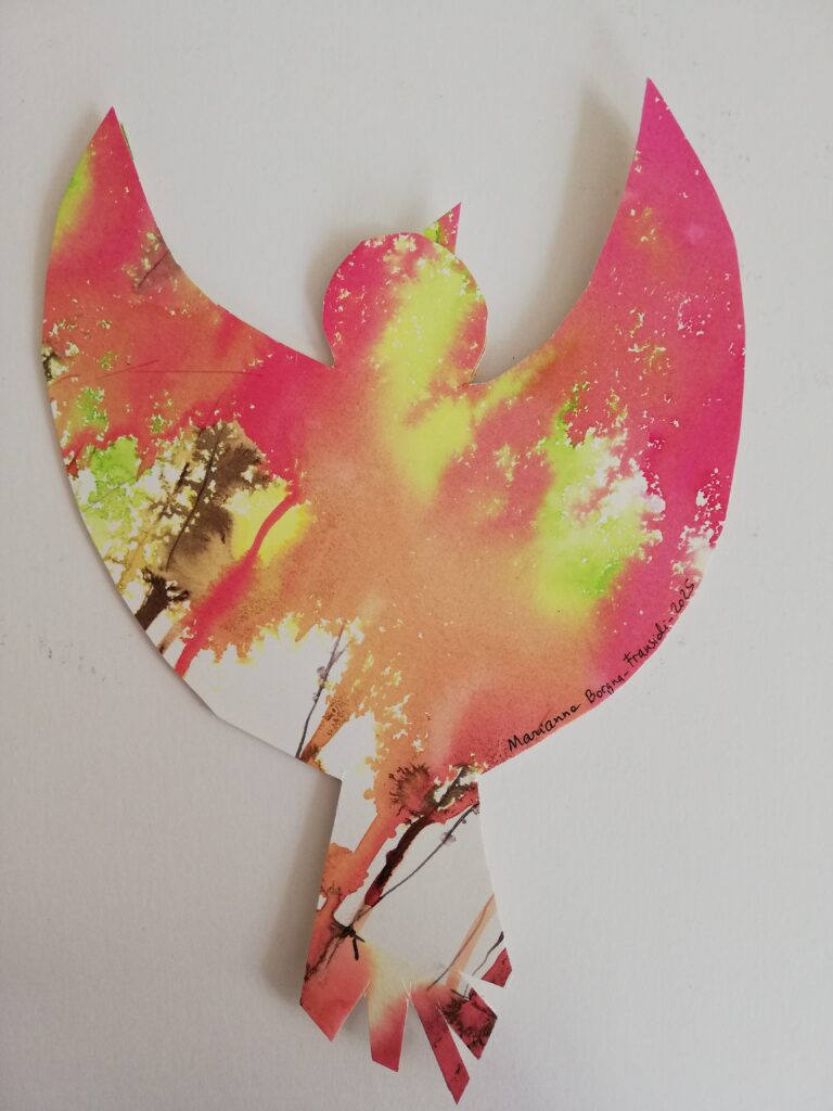 Aquarelle "oiseau 4" de Marianne Borgna Fransioli, exposée au New Art Museum, à Karuizawa, Japon